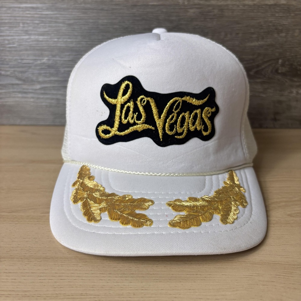 Vintage Las Vegas Hat Snap Back White Gold Trucker Mesh Embroidered Patch Rope